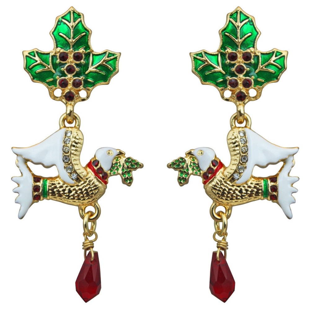 Two Turtle Doves Merry Christmas Drop Dangle Earrings by Ritzy Couture -Goldtone